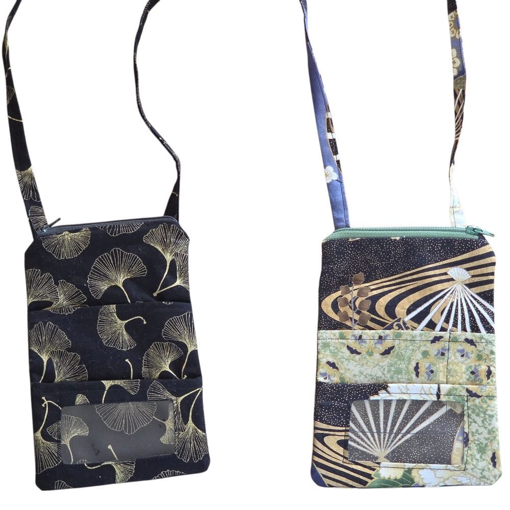 Crossbody Phone Bag ID Card Slot LOT OF 2 Decorative Asian Prints Gingko NWOT